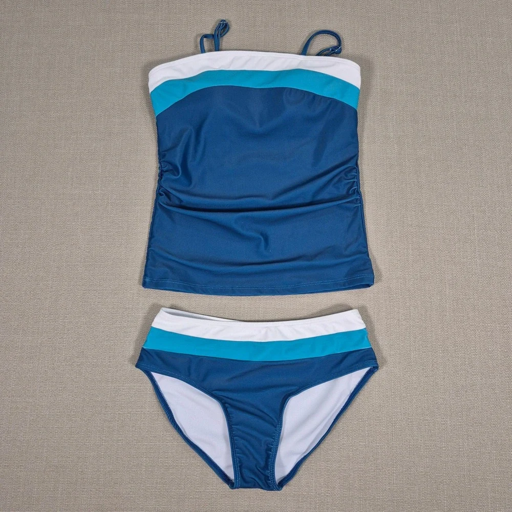 Blue Color Block Tankini Swimsuit Ruched Two Piece Kids Size 11-12Y